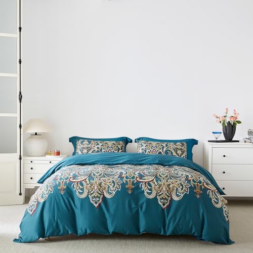 SUSYBAO Bohemian Paisley Duvet Cover King 100% Egyptian Cotton Teal Boho Damask Duvet Cover Set 3 Pieces 1 Vintage Bohemian Duvet Cover with Zipper Ties 2 Pillowcases Luxury Soft Boho Bedding Set