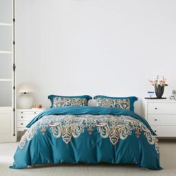 SUSYBAO Bohemian Paisley Duvet Cover King 100% Egyptian Cotton Teal Boho Damask Duvet Cover Set 3 Pieces 1 Vintage Bohemian Duvet Cover with Zipper Ties 2 Pillowcases Luxury Soft Boho Bedding Set