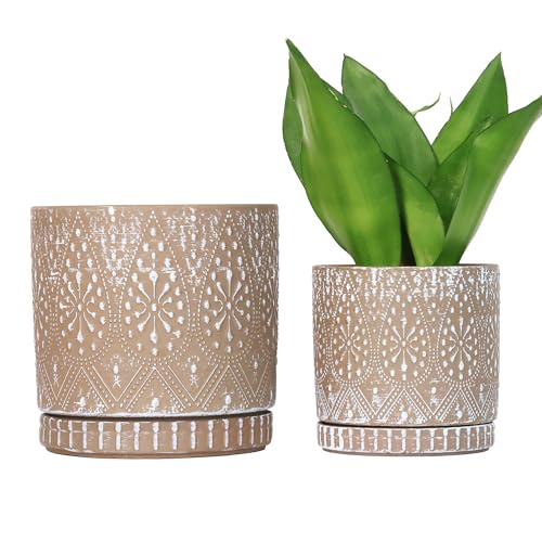 YFFSRJDJ 8 Inch + 6 Inch Plant Pot with Drainage Holes and Saucers, Indoor ceramic Planter for Plants Succulent Orchid Flower Pots