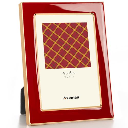 Axeman 4x6 Enamel Picture Frames with Tempered Glass-4 x 6 Modern Photo Frame with Gold Metal Edge Velvet Back for Tabletop and Wall Mount Display for Shelf, Desk & Countertop Decor, Red
