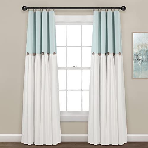 Lush Decor Linen Button 100% Lined Blackout Window Curtain Panel Blue/White Single 40X84