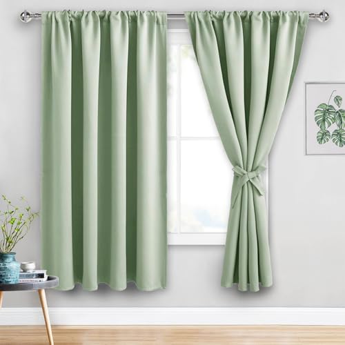 JIUZHEN Blackout Curtains for Bedroom - Thermal Insulated Room Darkening Noise Reducing, 60 x 63 Inch Length Curtains for Living Room, Set of 2 Panels with Tiebacks, Light Green