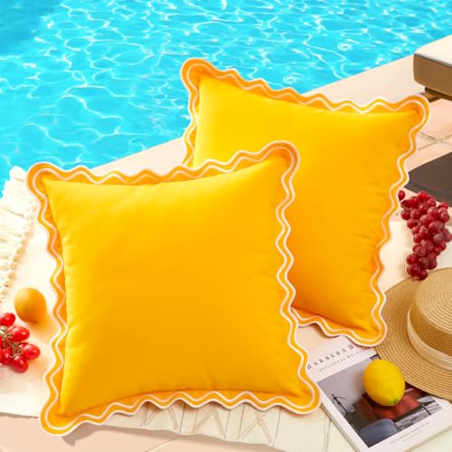 JOJOGOGO 18x18 Yellow Scalloped Embroidered Outdoor Throw Pillow Covers Waterproof Set of 2, 18 x 18 Boho Aesthetic Decorative Pillows Farmhouse Pillow Covers for Couch Porch and Patio Furniture