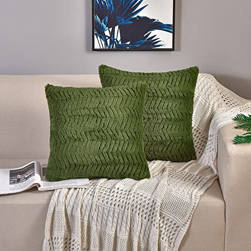 "YUSOKI Luxury Faux Fur Throw Pillow Covers-18 x18,Set of 2-Decorative Fuzzy Fluffy Cozy Pillow Cases for Sofa Couch Bedroom Without Insert(Olive Green,18""x18"")"