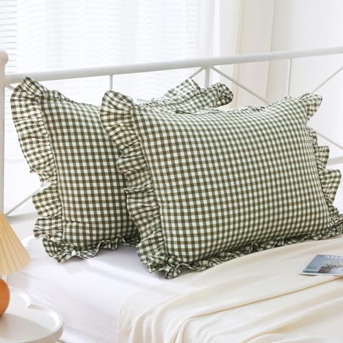 Mywinlle Green Plaid Ruffle King Size Pillow Shams Cushion Covers 20''x36'',2 Pack Washed Cotton Farmhouse Pillowcases