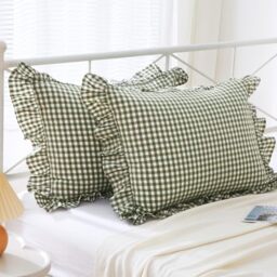Mywinlle Green Plaid Ruffle King Size Pillow Shams Cushion Covers 20''x36'',2 Pack Washed Cotton Farmhouse Pillowcases