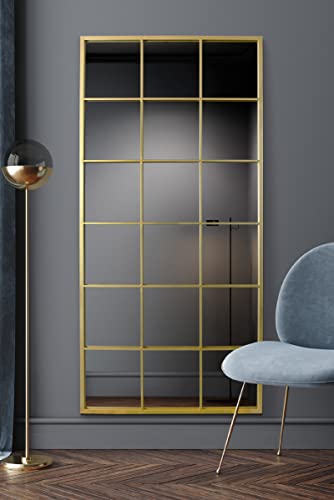 "MirrorOutlet The Fenestra - Gold Modern Window Full Length Leaner/Wall Mirror 69"" X 33"" (174CM X 85CM) Gold Metal Frame, Bluestone"