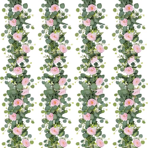 TOCHGREEN 2 Pack 13Ft Artificial Eucalyptus Flower Garland with Pink Roses, Fake Rose Flower Greenery Garland Floral Vines for Wedding Home Party Table Runner Decor (4PCS, Pink)