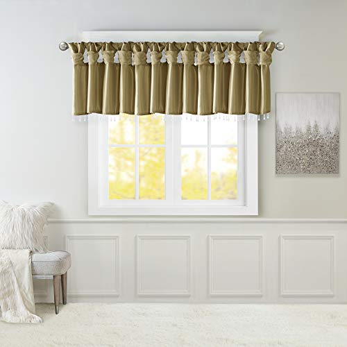 "Madison Park Emilia Faux Silk Valance, DIY Twist Tab Top Finish with Beads, Window Valance Curtain for Living Room, Bedroom and Dorm, 26"" L x 50"" W, Bronze"