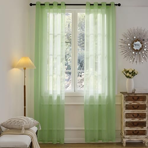 MISSTIAM Foil Stripe Sage Green Sheer Curtains 84 inches Length 2 Panels with Grommets 52 inches Widith, Semi Transparant Curtains for Living Room and Multiple Rooms, Light Filtering Window Treatment