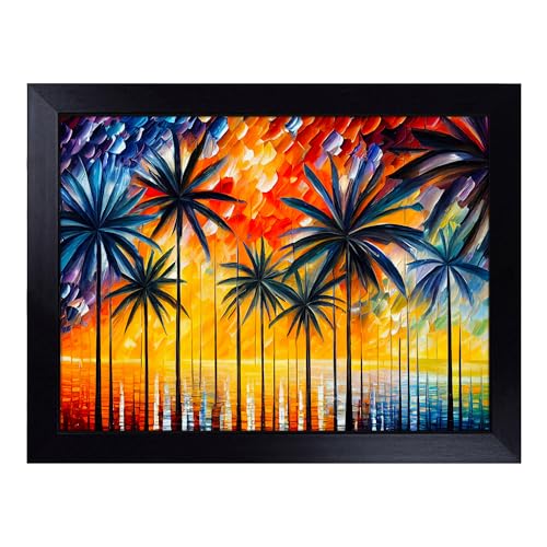 Lap Tray with Bean Bag Cushion, Palm Tree Painting Abstract - Handmade in the UK, Raised Wooden Edge, Padded Cushion, Heat-Resistant Wipe-Clean Surface, for Meals, Laptops and Crafts