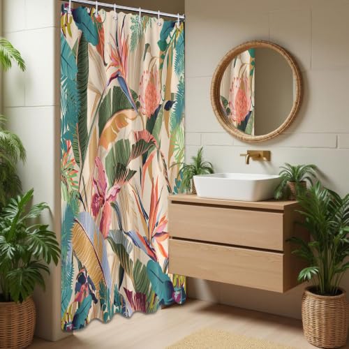 DLTAY Tropical Shower Curtain Colorful Palm Leaf Shower Curtains for Bathroom Decor, Waterproof Fabric Set with Hooks, 36x72 Inches