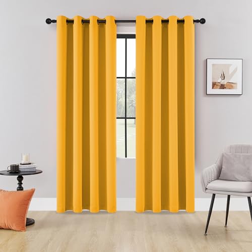 HUTO Blackout Bedroom Curtains Panels 84 Inch - Energy Saving Thermal Insulated Privacy Protect Antique Copper Grommet Sun Block Drapes for Living Room, 1 Pair, 52 by 84 Inch, Gold Yellow