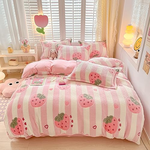 OranFran Pink Strawberry Kids Duvet Cover Set Cute Kawaii Bedding Set Twin Size Snowflake Fluffy Comforter Cover Blanket Soft Reversible Duvet Cover Room Decor (Strawberry,Twin)