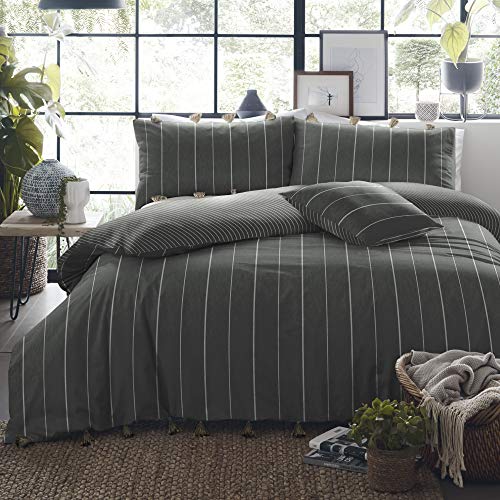 Appletree Signature Delta Stripe 100% Cotton Percale Tasseled Duvet Cover Set, Slate, King