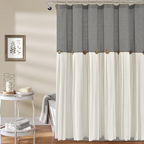 "Lush Decor Linen Button Shower Curtain, Cotton Blend, Dark Gray & White, 72"" W x 72"" L (Pack of 1)"