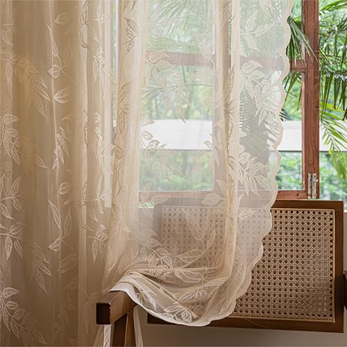 "Sutuo Home Beige Lace Curtains 84 Inches Long for Bedroom Living Room, Tropical Leaf Embroidery Leaves Window Sheer Drapes Pair, Rod Pocket Vintage Country Window Treatments 2 Panels, 57"" W x 84"" L"