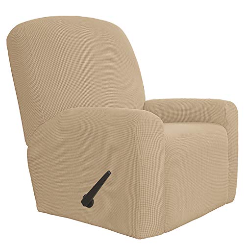 Easy-Going 4 Pieces Oversized Recliner Stretch Sofa Slipcover Sofa Cover Furniture Protector Couch Soft with Elastic Bottom Polyester Spandex Jacquard Fabric Small Checks Sand