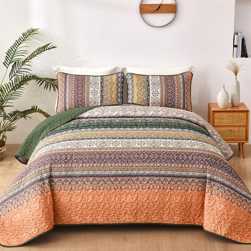 "WONGS BEDDING Boho King Quilt Set, Green and Orange Bohemian Quilt Bedding Set, Fall Lightweight Bed Decor Bedspread for All Season Reversible Microfiber Coverlet Bedding Set 103""x90""(3 Pieces)"
