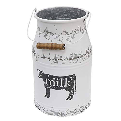 "Fovasen Metal Big Cow Galvanized Milk Can with Wooden Handle, Rustic White Farmhouse Vase Planter, Primitive Decorative Flower Holder for Home Wedding Table Centerpiece Decor Large - 11"""