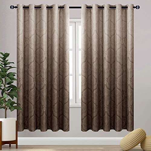 DWCN Brown Blackout Curtains for Living Room - Damask Patterned Thermal Insulated Energy Saving Grommet Drapes for Bedroom, Set of 2 Gradient Window Curtain Panels, 60 x 63 Inch Length, Brown