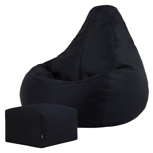 Bean Bag Bazaar Dalton Outdoor Bean Bag and Footstool, Black, Garden Chair and Footstool, Water Resistant Fabric, Gaming Beanbag with Filling Included, Garden Seat, Outdoor Seating
