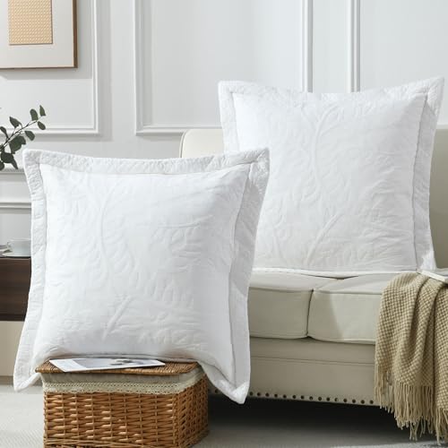 "MarCielo 2 Pcs Cotton Quilted Pillow Shams Embroidered Farmhouse Embroidered Euro Shams 26""x26"" (Euro, White)"