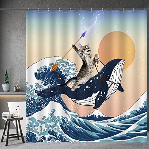 "Aimego Funny Shower Curtain Brave Cat Holding Trident Riding Shark in Ocean,Shark Cat Shower Curtains with Hooks for Bathroom Decor Accessories Bathtub Curtain,72""x72"""