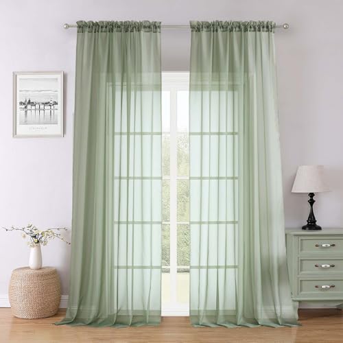 "Lecloud Sage Green Sheer Curtains 96 Inches Long 2 Panels, Solid Airy Voile Dual Rod Pocket Sheer Curtains, Elegant Light Filtering Window Curtain Drapes for Living Room Bedroom Balcony, 59"" W x 96"" L"