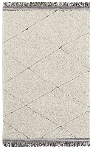 Mint Rugs Danaki High Pile Living Room Rug with Fringe, Soft Fluffy Long Pile Shaggy Flokati Skandi Diamond Pattern for Kitchen, Hallway or Bedroom, High-Low Structure, Cream Grey, 80 x 150 cm