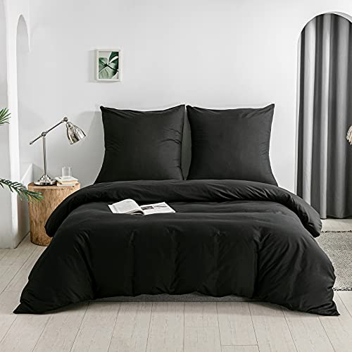 KONO DC-2 Set 135 BK Brushed Microfibre Duvet Cover with Zip Tieback + Pillowcases 80 x 80 cm with Envelope Closure (Black, 135 x 200 cm + 80 x 80 cm x 1 Piece)
