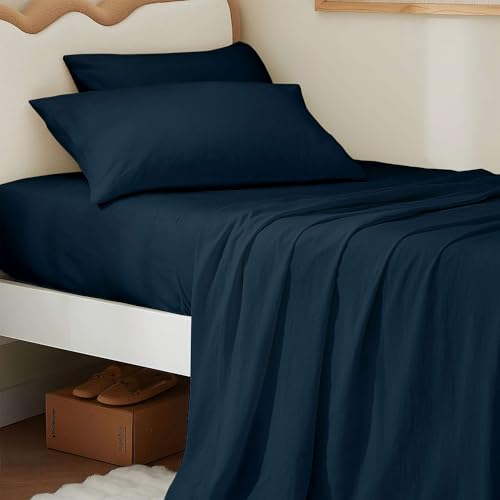 "4 Piece Twin XL Sheet Set, Extra Long Sheets for Dorm, Ultra Soft & Wrinkle Free, Fits Between 12"" to 16"" Deep Mattress, Easy Care Brushed Microfiber, Breathable and Cooling, Navy Blue"