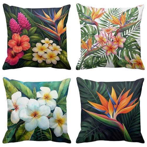 Britimes Throw Pillow Covers Floral Home Decor Set of 4 Pillow Cases Living Room Decorative 18 x 18 Inches Cushion Couch Sofa Pillowcases Hawaiian Tropical Flowers