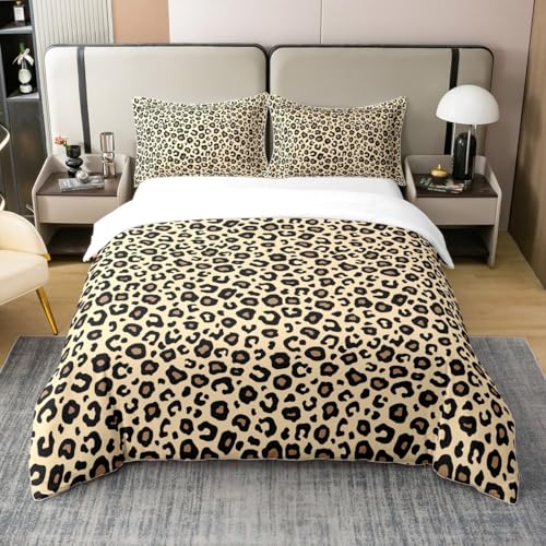 Leopard Print 100% Cotton Bedding Set African Cheetah Wildlife Skin Comforter Cover Set for Kids Teens Bedroom Decor Brown Leopard Fur Pattern Duvet Cover Breathable Full Size 3 PCS