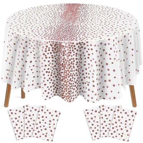 VitalCozy Round Dot Tablecloth 84 Inch Plastic Table Cover Polka Dot Confetti Tablecloths for Easter 2026 Graduation Prom Wedding Birthday Spring Party Supplies(White and Rose Gold,6 Pcs)