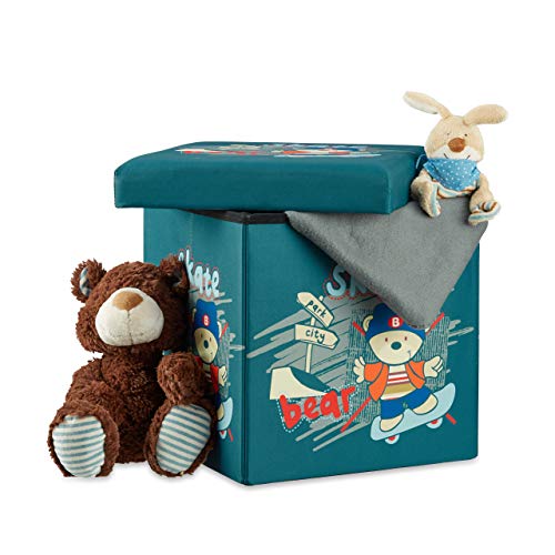 Relaxdays Children's Storage Ottoman, Foldable, with Storage Space, Toy Chest with Lid, HxWxD: 38 x 38 x 38 cm, Bear Motif