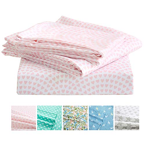 Vonty Kids Bed Sheets Twin XL Pink Heart Printed Sheets for Girls, Soft Lightweight Microfiber Easy Wash Bedding Set (1 Fitted Sheet + 1 Flat Sheet + 1 Pillowcase)