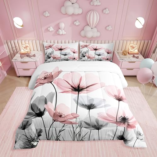 Erosebridal Cute Pink Floral Queen Comforter Set,Pink and Grey Flower Bedding Sets for Kids Girls Women,Boho Wildflower Bed Set,Rustic Country Flowers Room Decor with 2 Pillowcases,Breathable