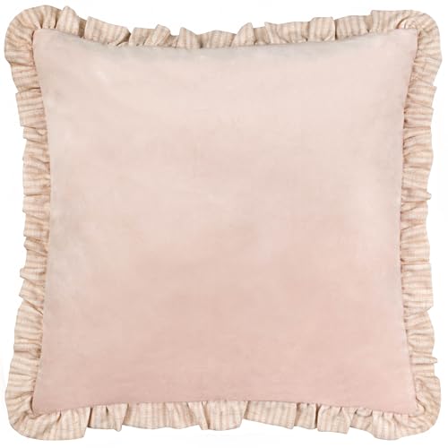 furn. Wylder Solene Ruffle Polyester Filled Cushion – Soft Pastel Velvet Striped Trim Decorative Pillow (Pink – 45x45cm)
