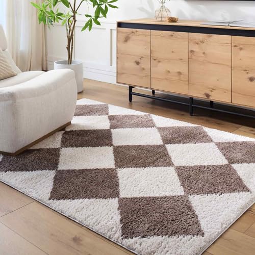 Livabliss Monduli Shaggy Rug - Modern Berber Rugs Living Room, Large 200x275 cm, Soft Shaggy Rugs for Bedroom - Neutral Boho Fluffy Rug, Easy Care Plush Thick Pile - Light Beige, Dark Brown