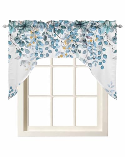Summer Eucalyptus Leaves Swag Valances for Kitchen Window, Small Kitchen Swag Curtains Valances for Bedroom Bathroom Over Sink Spring Floral Botanical Rod Pocket Window Treatment Drapes, 56x36 Inch