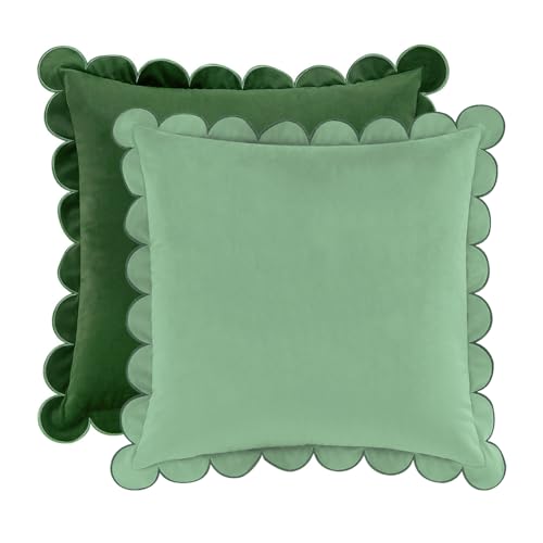 MONDAY MOOSE Decorative Throw Pillow Covers Cushion Cases, Set of 2 Soft Velvet Scalloped Round Edge Designs, Mix and Match for Home Decor, Pillow Inserts Not Included (Green/Light Green, 16x16 inch)