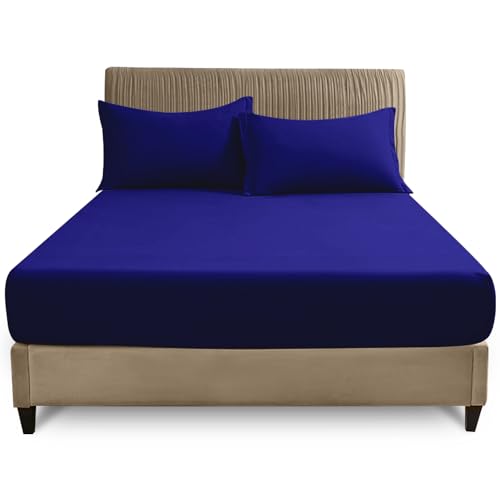GC GAVENO CAVAILIA Easy Care King Size Fitted Sheet - Soft Polycotton Fabric Bed Sheet (150x200 cm) - Non Iron Fade Resistant Bedding & Linen - Elasticated 25cm Deep Plain Bottom Sheet, Royal Blue