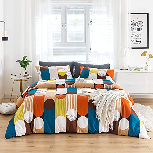SUSYBAO Colorful Polka Dots Duvet Cover King 100% Cotton 3 Pieces Set 1 Blue and White Striped Duvet Cover with Zipper Ties 2 Pillowcases Brown Circle Geometric Bedding Set Soft Breathable