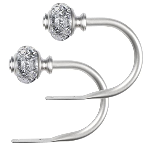 "2 Pack Curtain Holdbacks, USFOOK Silver Decorative Window Drapery Tiebacks, Curtain Tie Back Hooks for Wall with Translucent Finials (4.3"" L x 3.4"" W)"