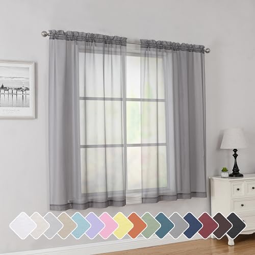 Simplebrand Grey Short Sheer Curtains 45 Inch Length for Small Windows, Rod Pocket 2 Panels Set Solid Voile Drapes Window Sheer Curtains for Bedroom Bathroom Kids Room Kitchen, 42x45 Inch, Gray