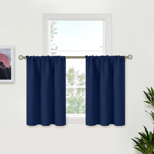 BGment Small Blackout Curtains, 36 inch Length, for Windows Above Sink, Half Curtains with Rod Pocket, Privacy for Cafe, Kitchen Windows, Navy Blue, 2 Panels, 29 x 36 inches