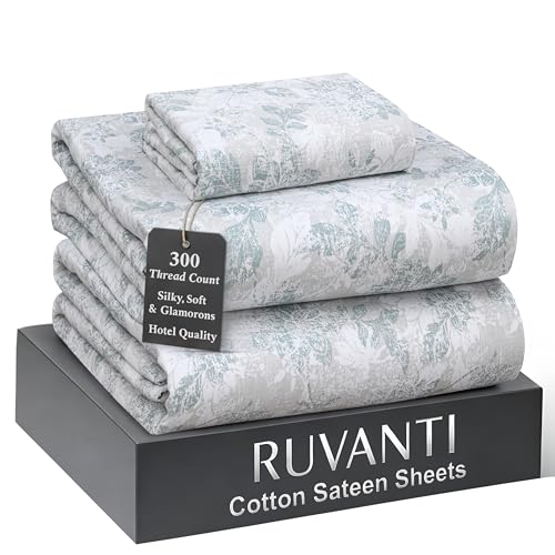 "Ruvanti 100% Cotton Sateen Sheets Twin Size, Floral Imprint - Twin Sheet 300 Thread Count 3 Piece Set, 16"" Deep Pocket, Cooling Bed Sheets For Hot Sleepers, Breathable & Durable"