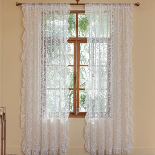TUDECO White Ruffle Curtains - Boho Flower Sheer Lace Curtains for Dining Room - Shabby Chic Flowy Privacy Coquette Decor - Rod Pocket - 2 Panels, 59 x 96 Inch