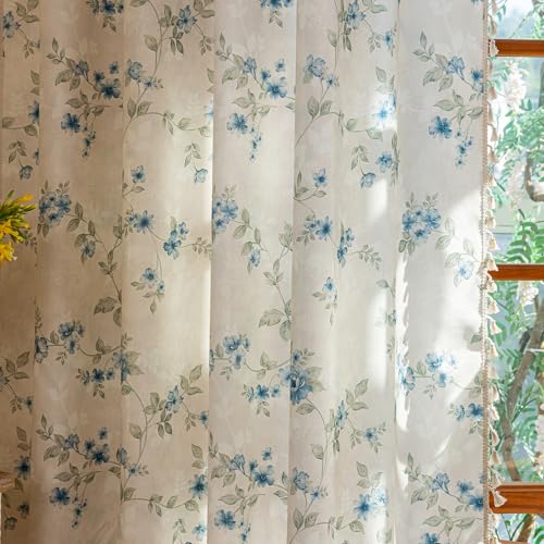 ENJOYBRIDAL Blue Floral Curtains 96 Inches Bedroom Cute Drapes Rod Pocket Boho Semi Sheer Long Window Curtain Panels Rustic Living Room Farmhouse 2 Panels Vintage Window Treatments